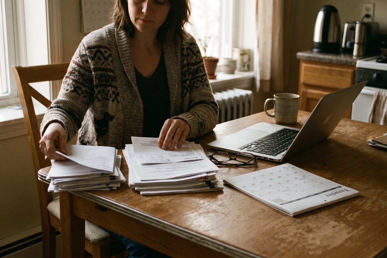Woman at a kitchen table sorting printed forms into two piles beside a laptop and a calendar in afternoon light