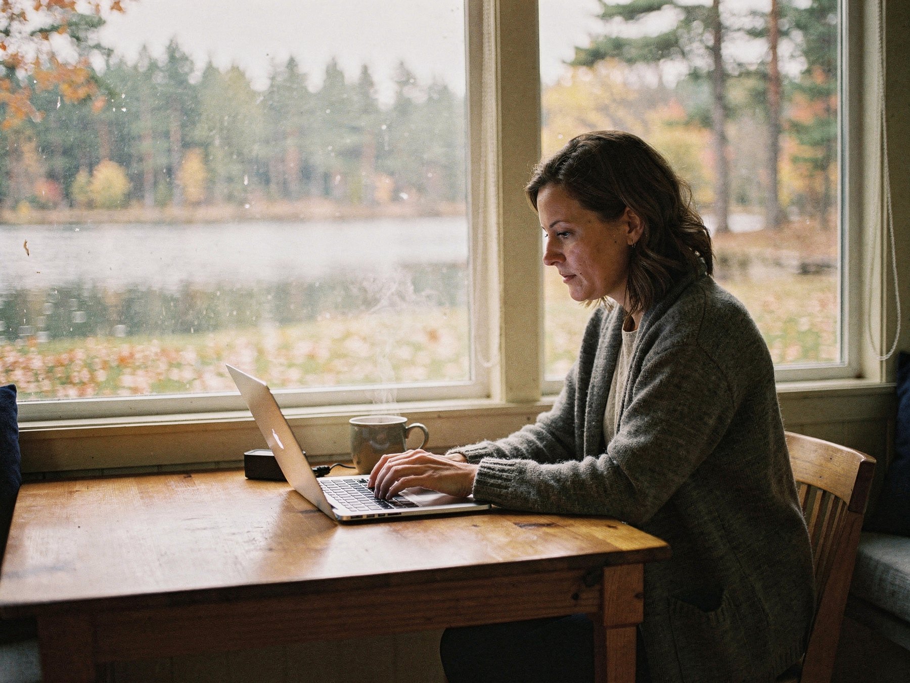 A woman working at a laptop by a window overlooking a lake