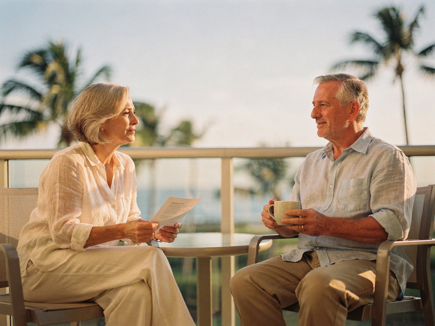 A couple sitting on a sunny balcony with palm trees behind them, one holding a cup of tea and the other a letter