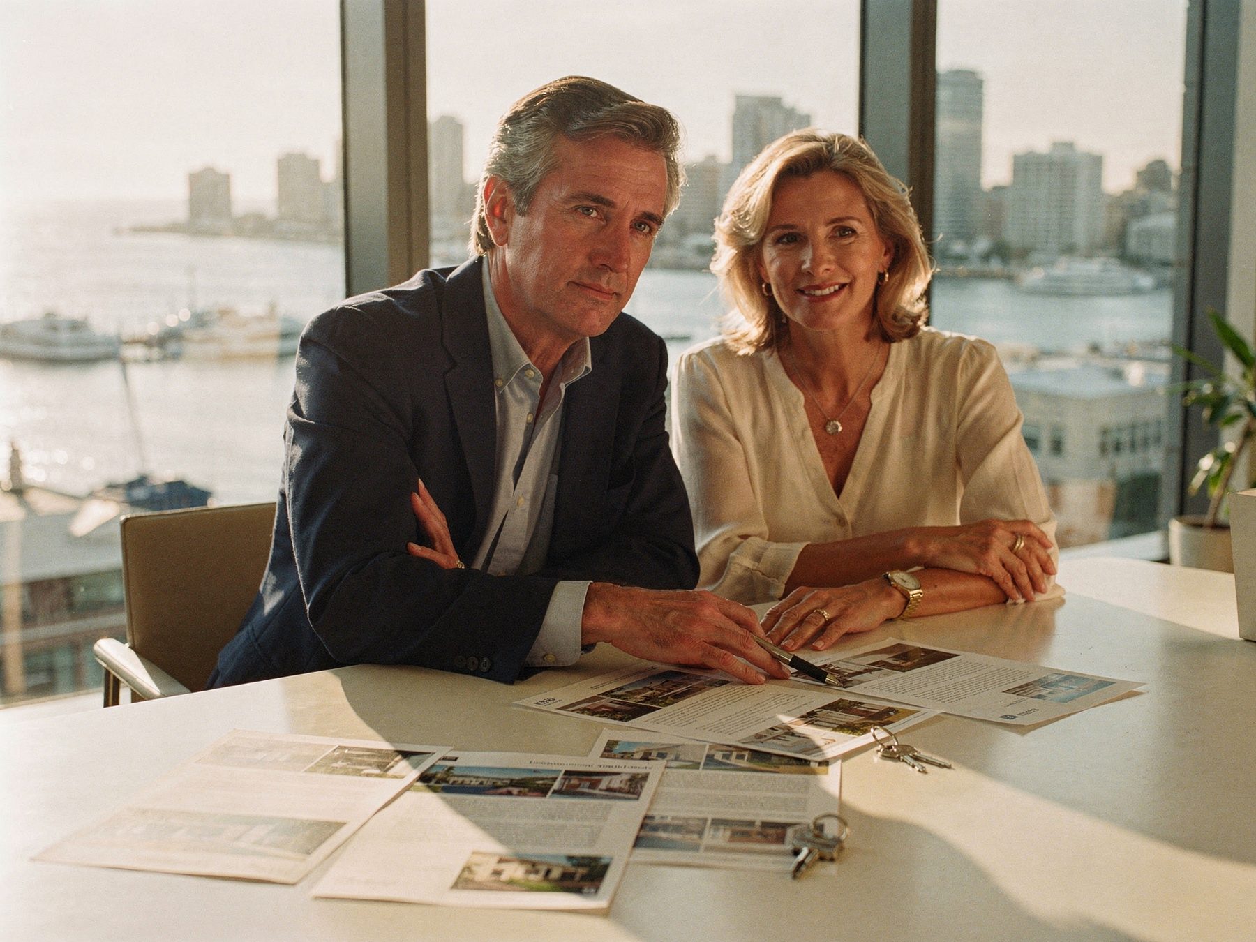 An older couple at a table with property photos and documents