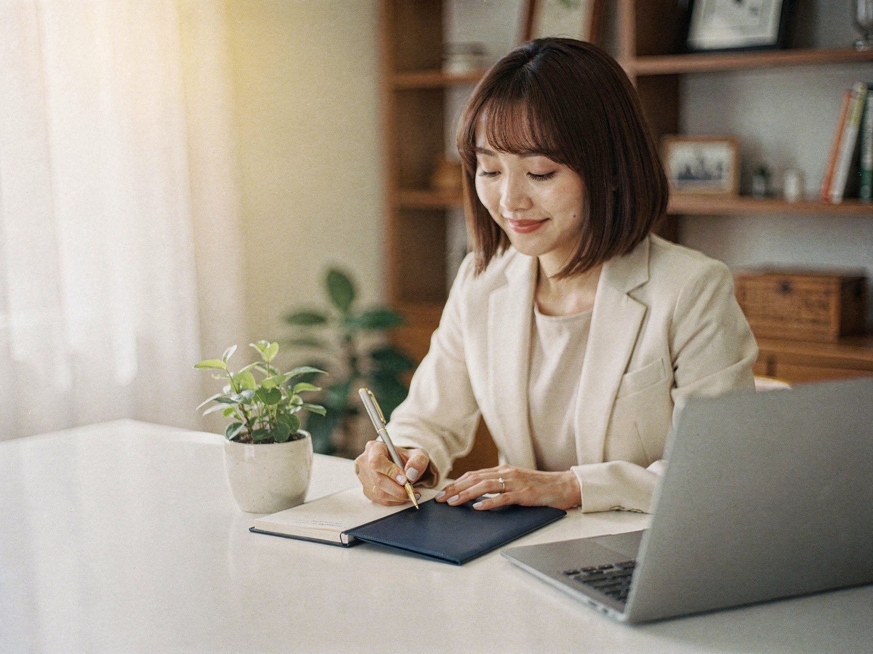 A woman at a desk filling in a form beside a laptop