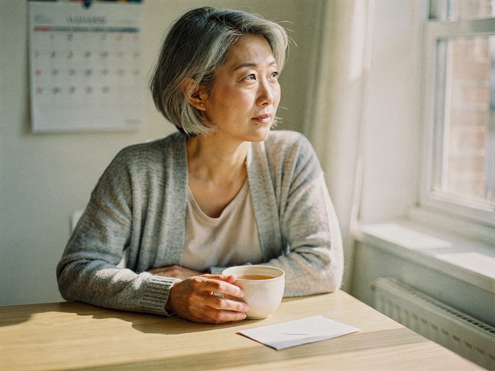 A woman by a window with a cup of tea, waiting